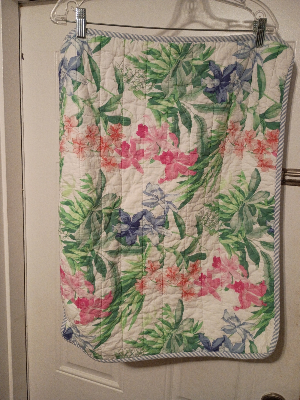 Floral Quilted Bed Throw - White with Pink & Green